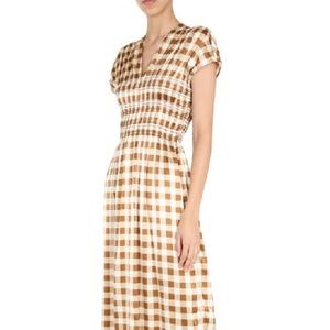GANNI Gingham Smocked Waist Stretch Silk Midi Dress